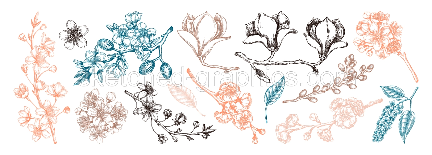 Spring blooming branches sketches. Hand-drawn botanical illustration. Trendy brown floral design. NOT AI genereted Illustration